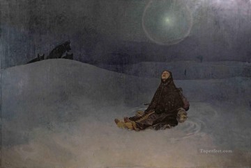 Star 1923 Winter Night Woman in Wildness wolf Alphonse Mucha Oil Paintings
